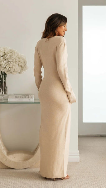 Beige Long Sleeves Knit Midi Dress