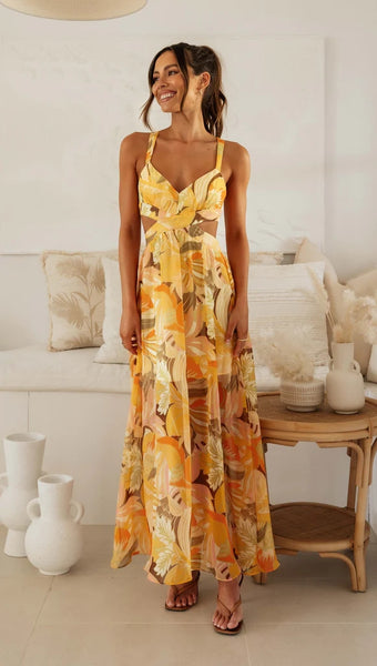Orange Floral Sleeveless Midi Dress