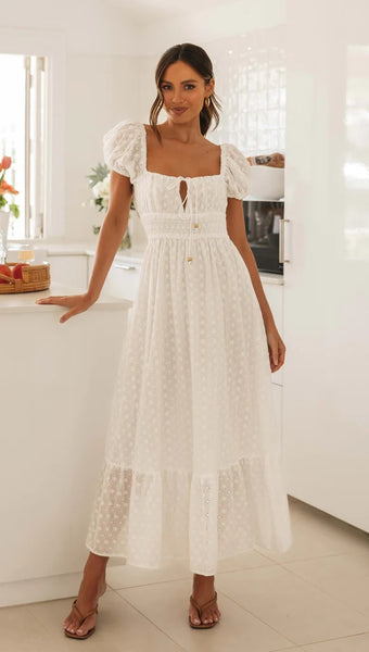 White Square Neckline Midi Dress