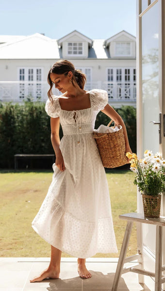 White Square Neckline Midi Dress