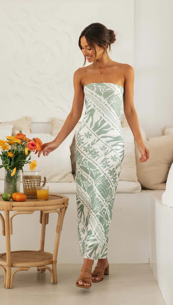 Sage Print Strapless Midi Dress