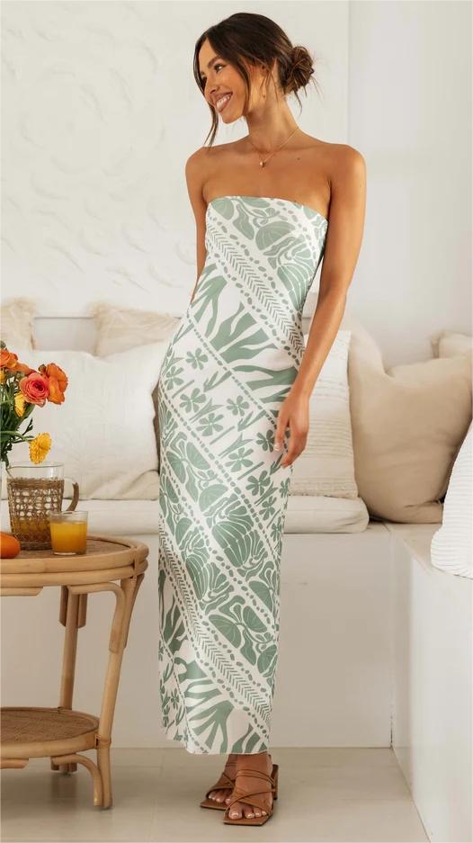 Sage Print Strapless Midi Dress
