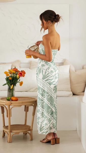 Sage Print Strapless Midi Dress