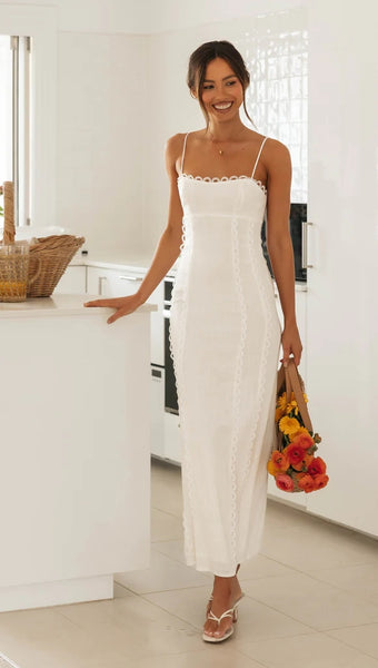 White Lace Trim Sleeveless Midi Dress