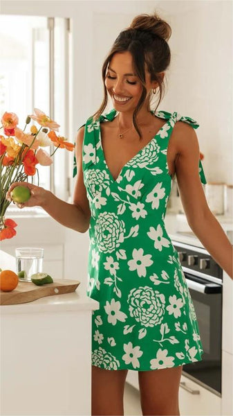 Green Floral Sleeveless Mini Dress