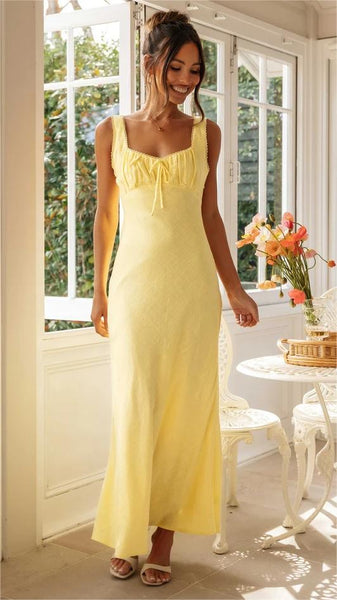 Yellow Pleated Trim Midi Dress