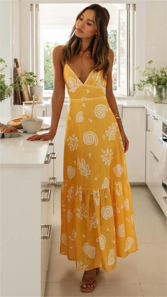 Yellow Floral V Neck Midi Dress