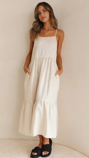 Beige Solid Slip Midi Dress