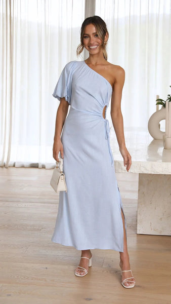 Light Blue One Shoulder Cutout Midi Dress