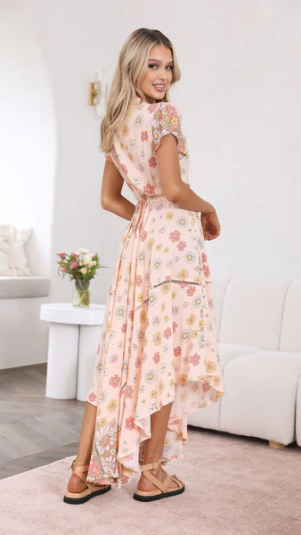 Pink Daisies Print Midi Dress