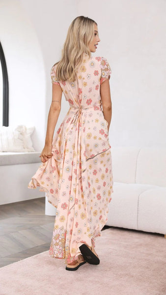Pink Daisies Print Midi Dress