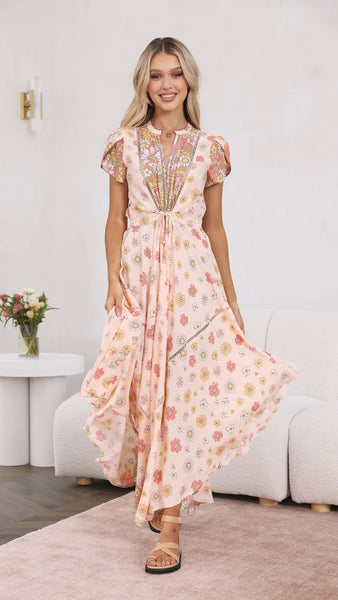 Pink Daisies Print Midi Dress