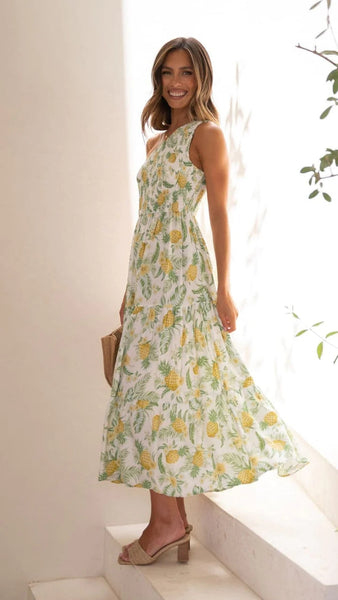 Pineapple Print One Shoulder Midi Dress