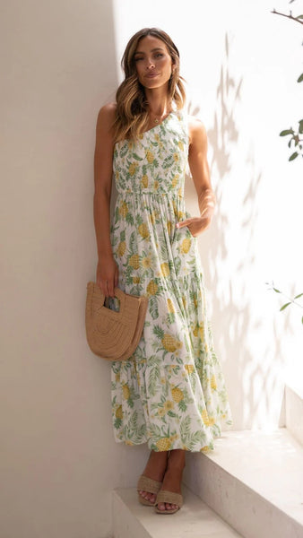 Pineapple Print One Shoulder Midi Dress