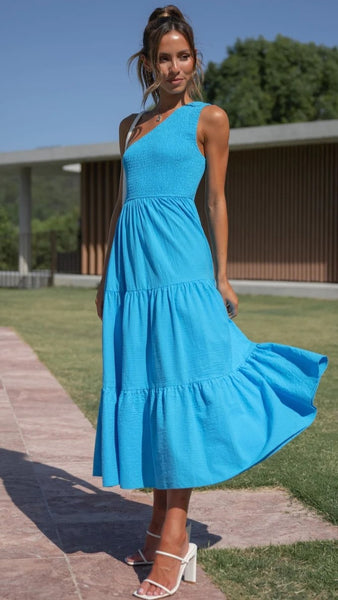 Royal Blue One Shoulder Midi Dress