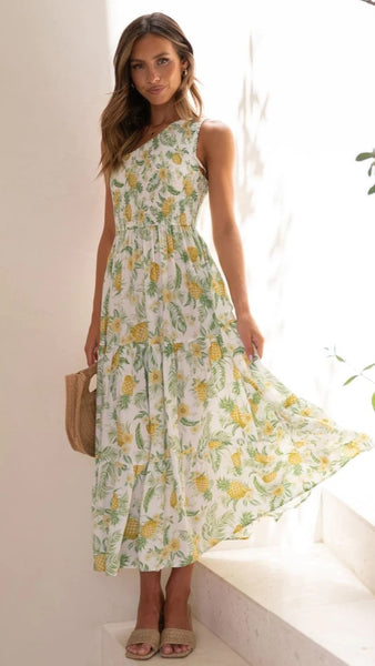 Pineapple Print One Shoulder Midi Dress