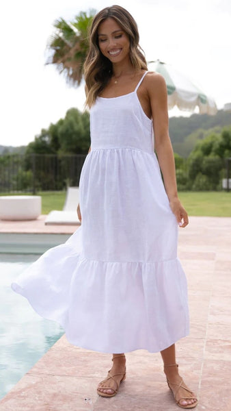 White Solid Slip Midi Dress