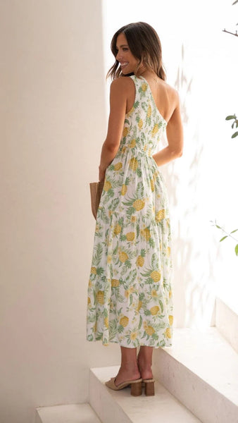 Pineapple Print One Shoulder Midi Dress