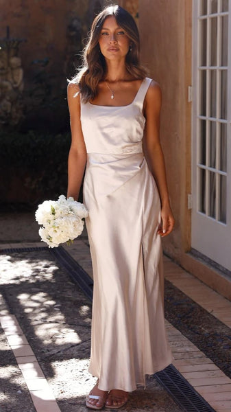 Beige Satin Sleeveless Midi Dress