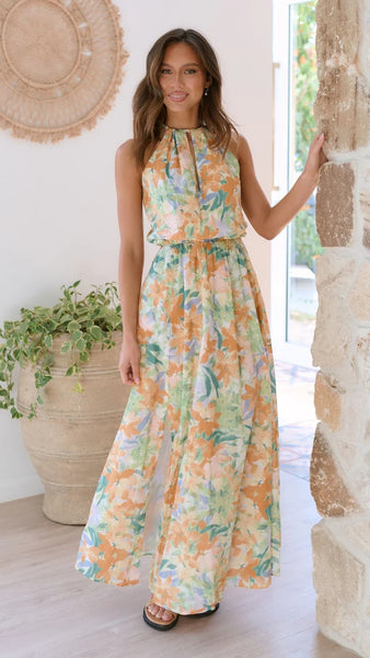 Green Floral Sleeveless Midi Dress