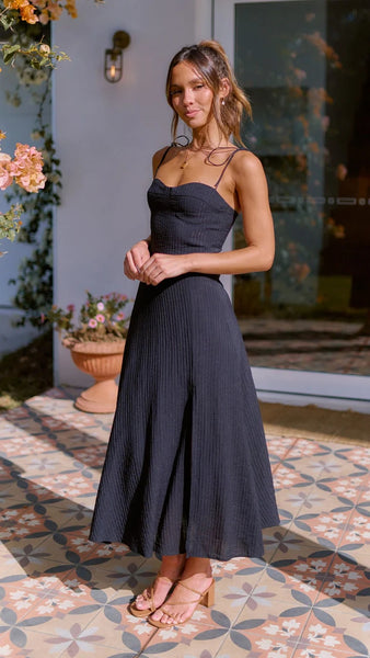 Black Shoulder Tie Midi Dress