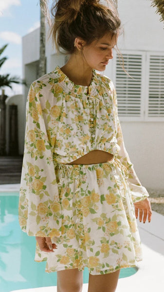Yellow Floral Long Sleeves Mini Dress