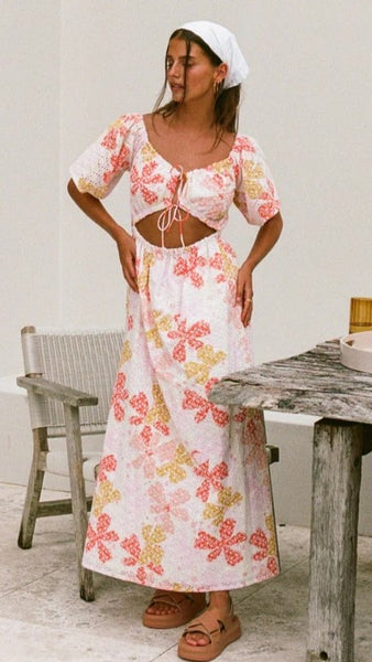Pink Floral Front Tie Midi Dress