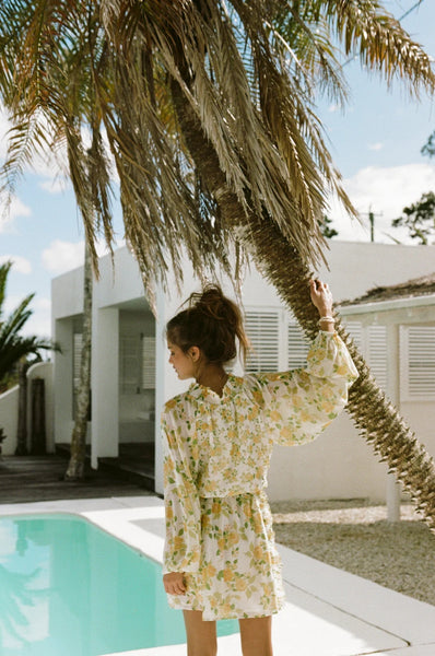 Yellow Floral Long Sleeves Mini Dress