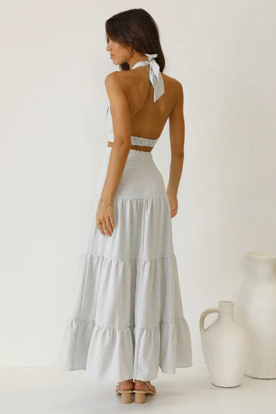White Plaid Halter Midi Dress