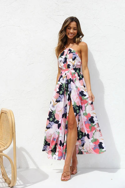 Black Floral Side Slit Midi Dress