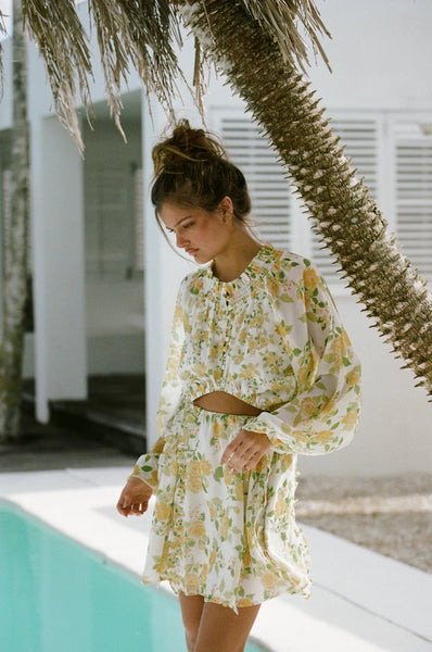 Yellow Floral Long Sleeves Mini Dress