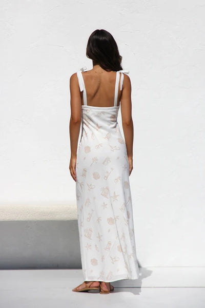 White Floral V Neck Midi Dress