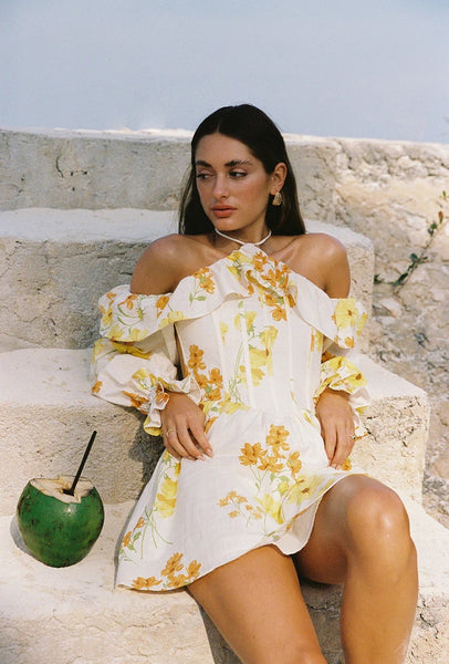 Yellow Floral Cold Shoulder Mini Dress
