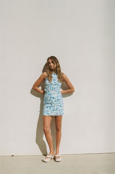 Blue Floral Sleeveless Mini Dress