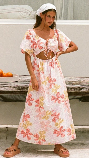 Pink Floral Front Tie Midi Dress