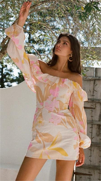 Pink Floral Long Sleeves Mini Dress