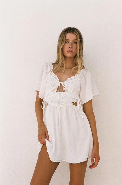 White Front Tie Mini Dress