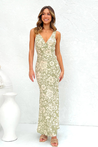 Green Floral Sleeveless Midi Dress