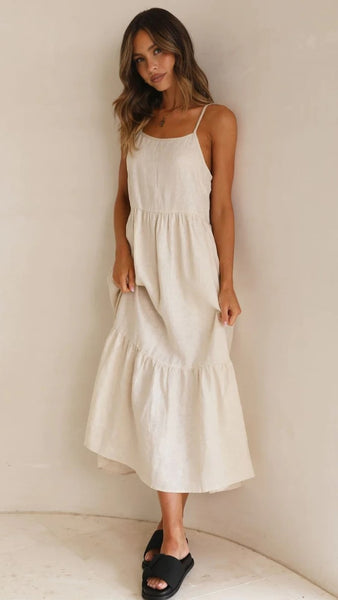 Beige Solid Slip Midi Dress
