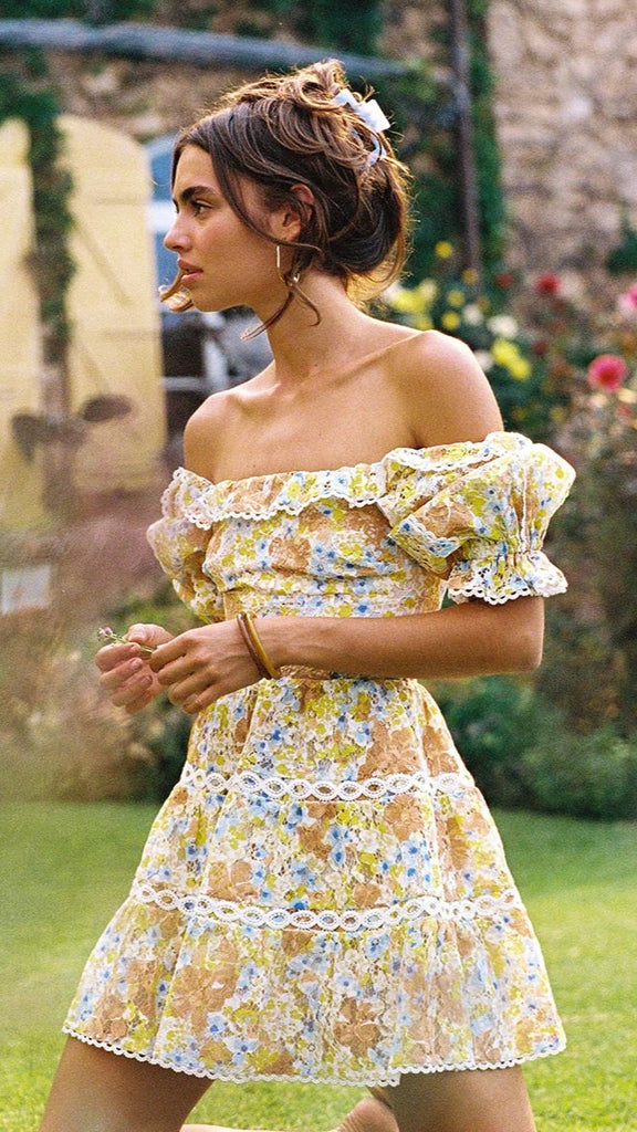 Yellow Floral Off Shoulder Mini Dress