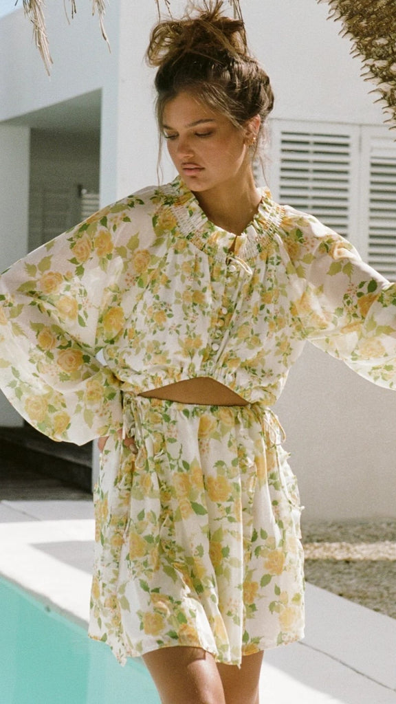 Yellow Floral Long Sleeves Mini Dress