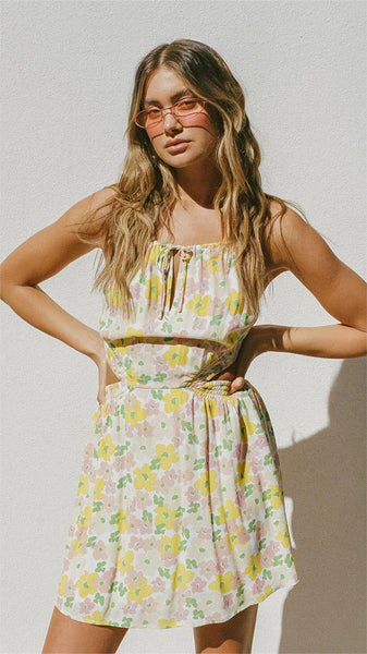 Yellow Floral Sleeveless Mini Dress