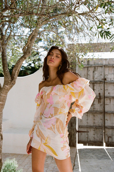 Pink Floral Long Sleeves Mini Dress