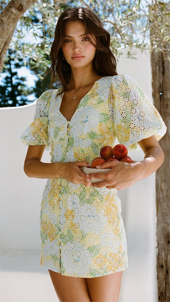 Yellow Floral Puff Sleeves Mini Dress
