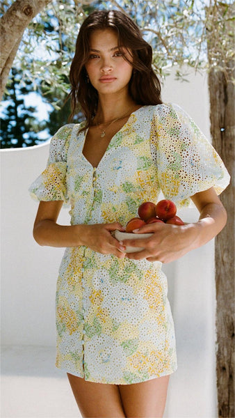 Yellow Floral Puff Sleeves Mini Dress
