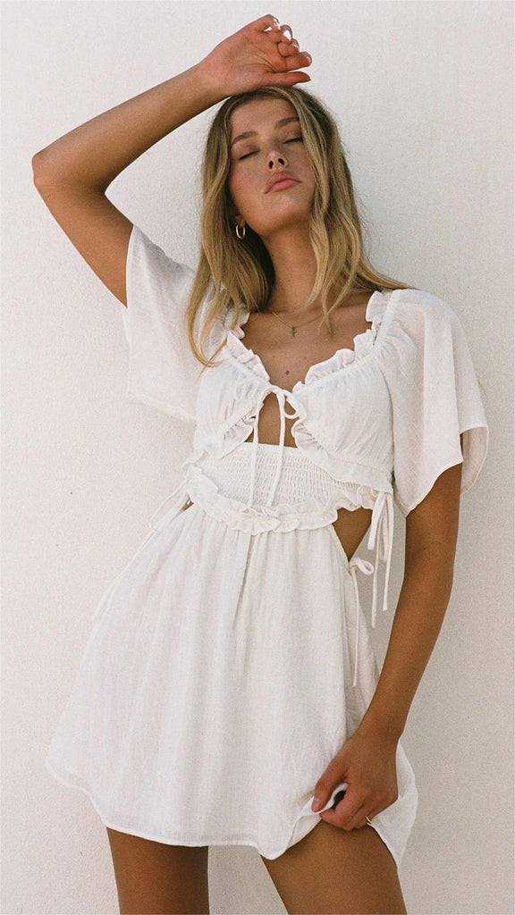 White Front Tie Mini Dress
