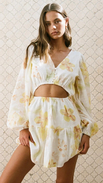 Yellow Floral Long Sleeves Mini Dress