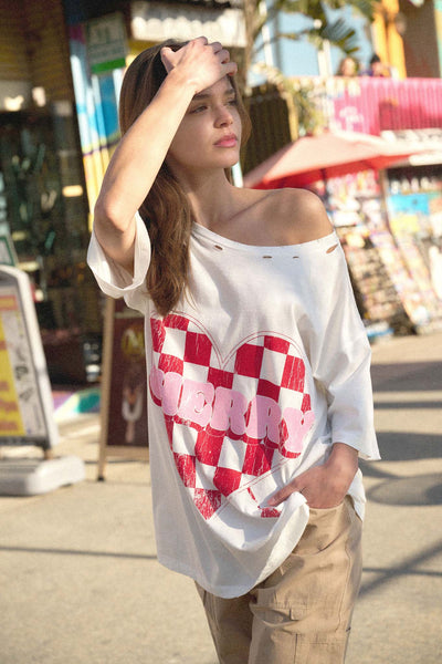 Cherry Love Checker Heart Distressed Graphic Tee