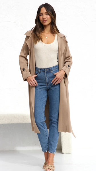 Camel Waists Tie Longline Cardigan