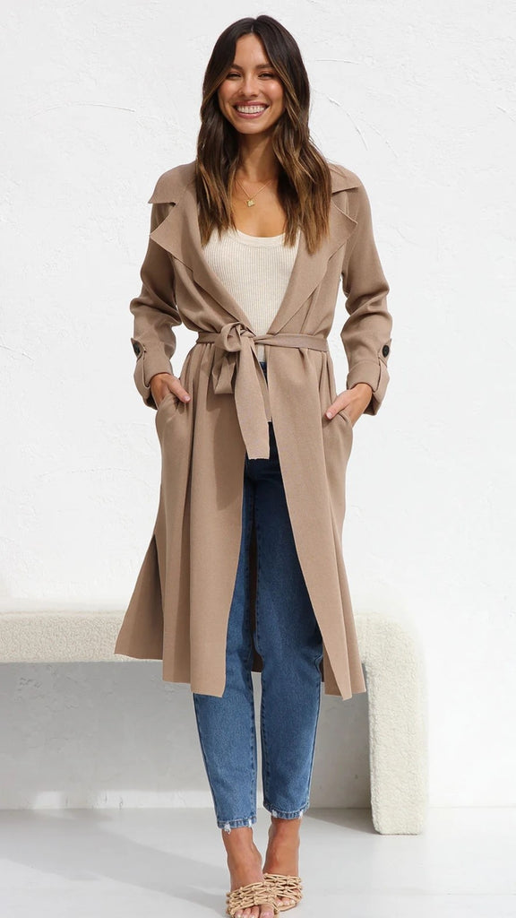 Camel Waists Tie Longline Cardigan